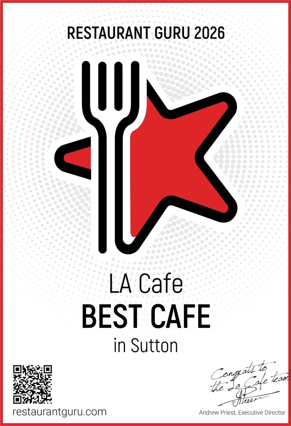 Restaurant Guru 2026 certificate: LA Cafe, Best Cafe in Sutton