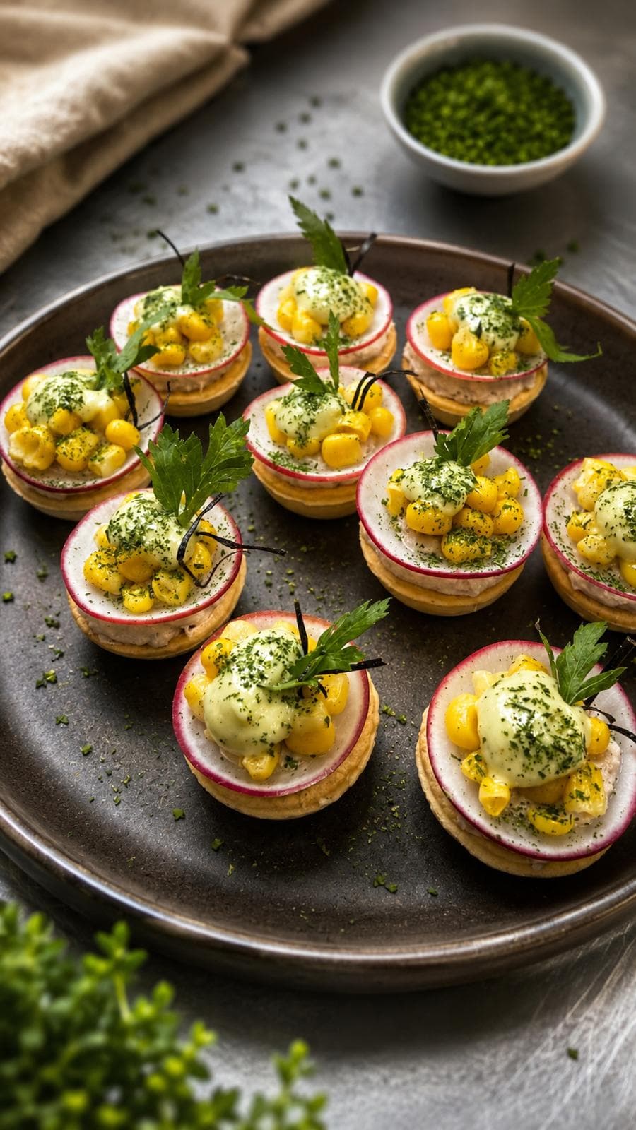 Sweetcorn tartlets with radish — an LA Cafe evening canapé