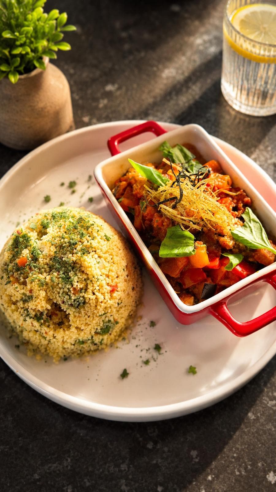 Spiced vegetable stew with herbed couscous — an LA Cafe evening main