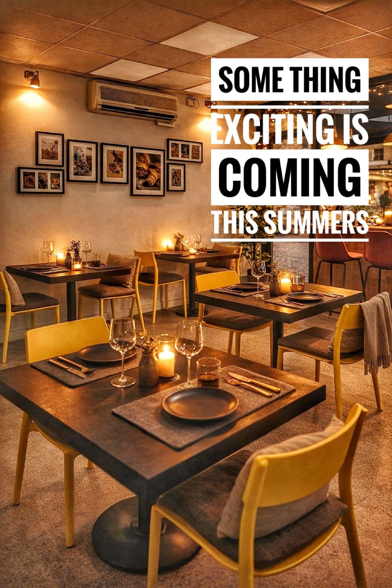 Candlelit tables set for LA Cafe's new evening bistro service, with overlay announcing the launch this summer