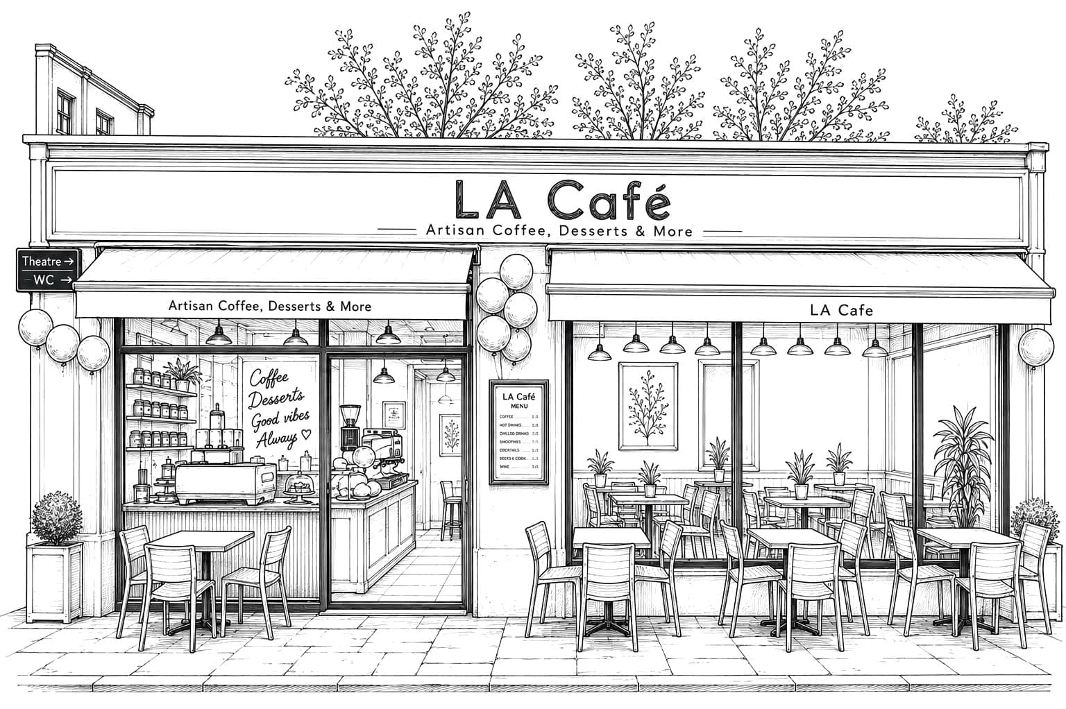 Line drawing of the LA Cafe shopfront on Sutton High Street