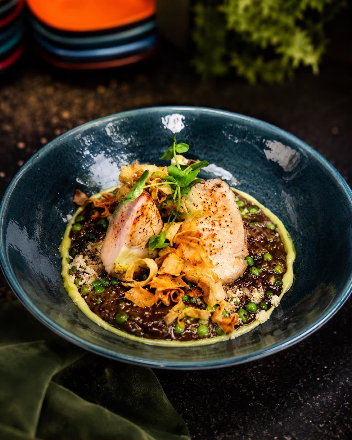 Pan-fried fish on pea purée at LA Cafe Bistro