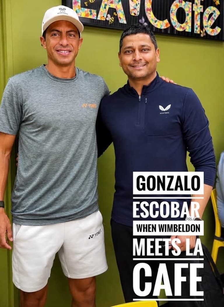 Wimbledon doubles player Gonzalo Escobar with owner Ankur Baria at LA Cafe Bistro, Sutton